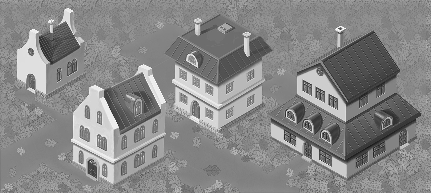 Isometric house cartoon seamless pattern autumn digital