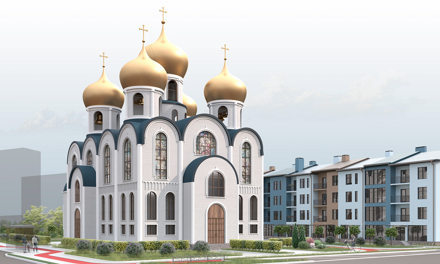architecture visualization 3ds max corona exterior residential quarter cathedral ukraine