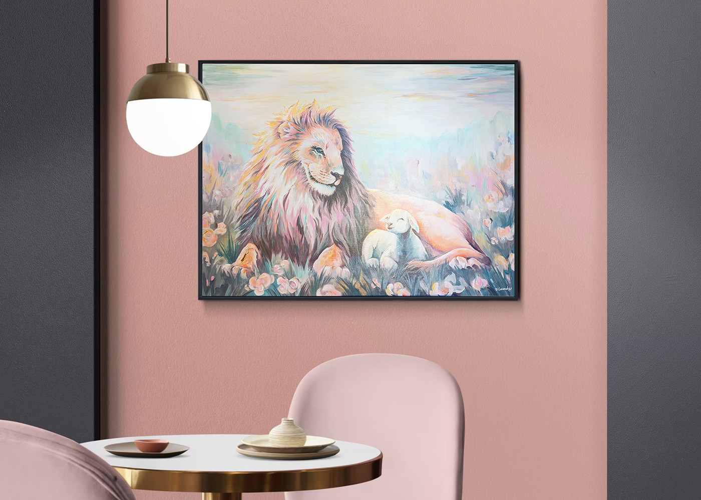 painting   ILLUSTRATION  canvas painting acrylic lamb lion Flowers pink nursery gold leaf