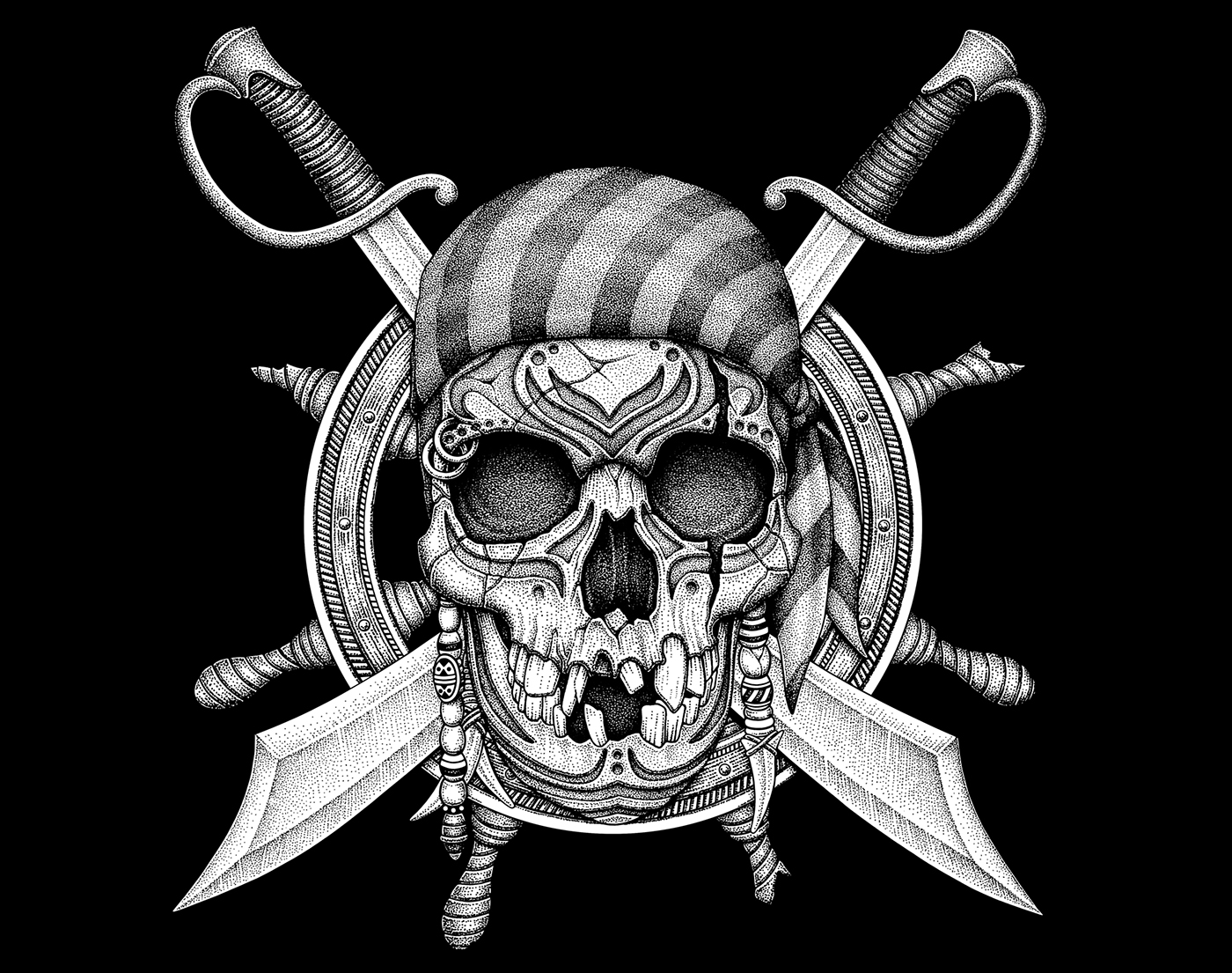 dotwork stippling Pointillsim dark skull humanskull pirate ink