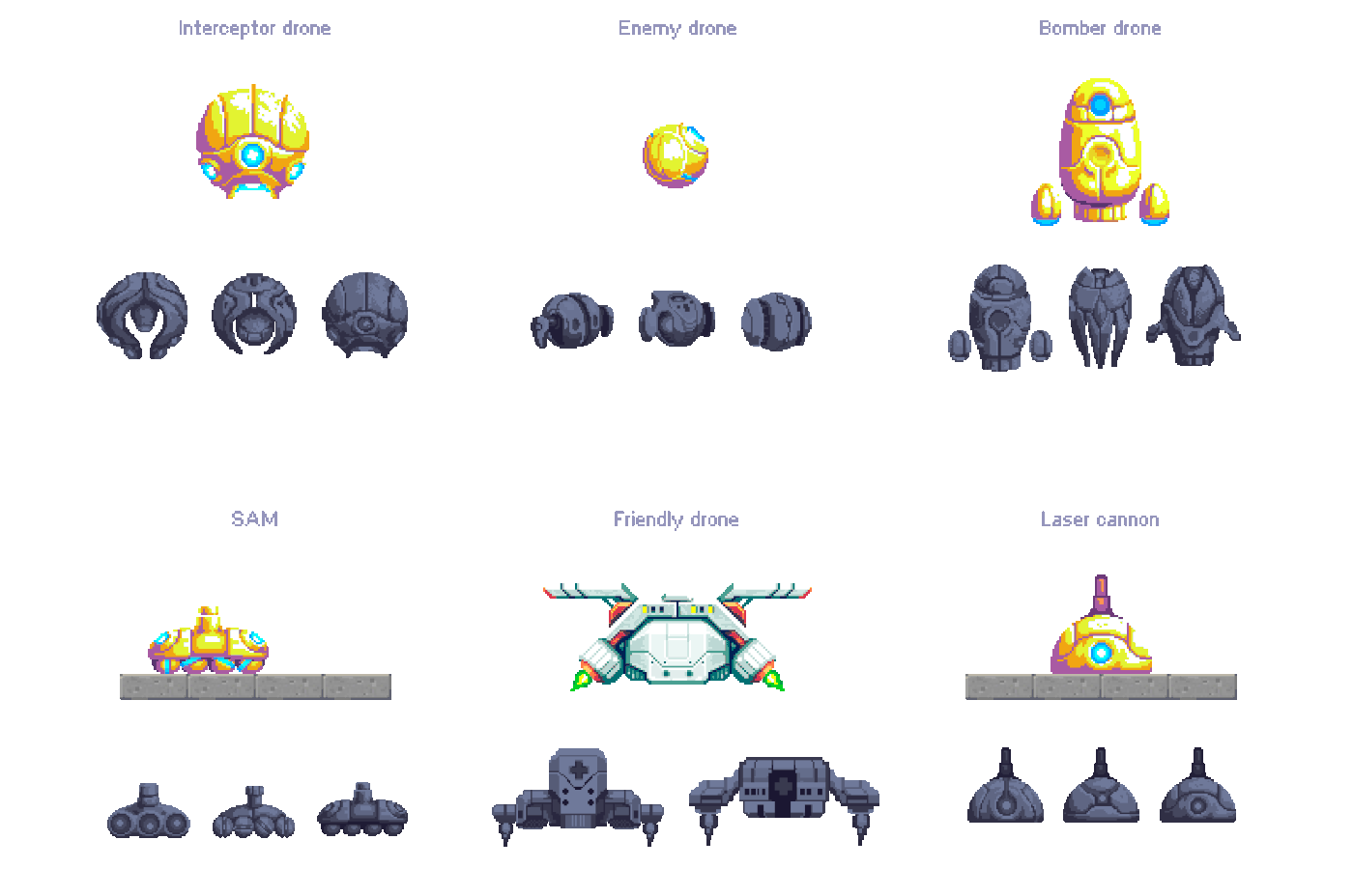Alien enemy drones and weapons with sketches for a pixel art game