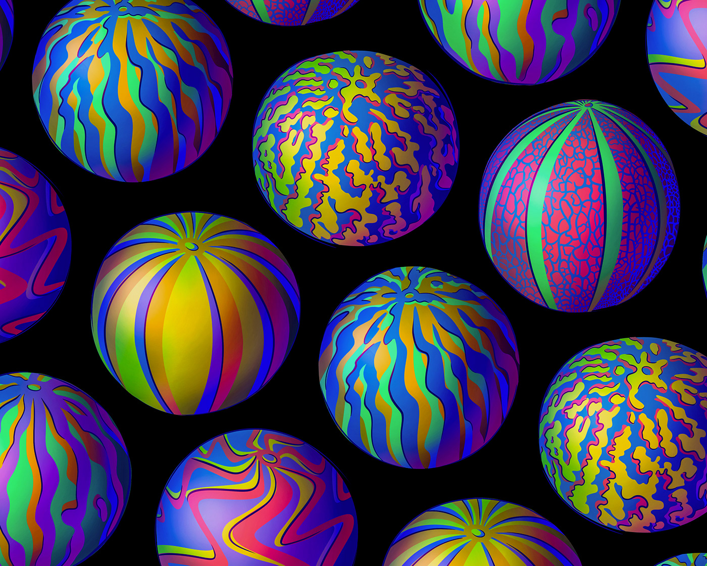 3D digital art of floating stripy melons in bold circus colours in front of a black background.