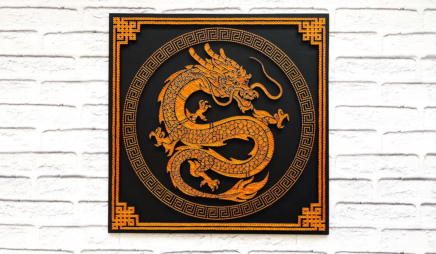 dragon artwork cartoon fire dragon fantasy Character design  string art handmade GOLD WALL ART luxury abstract
