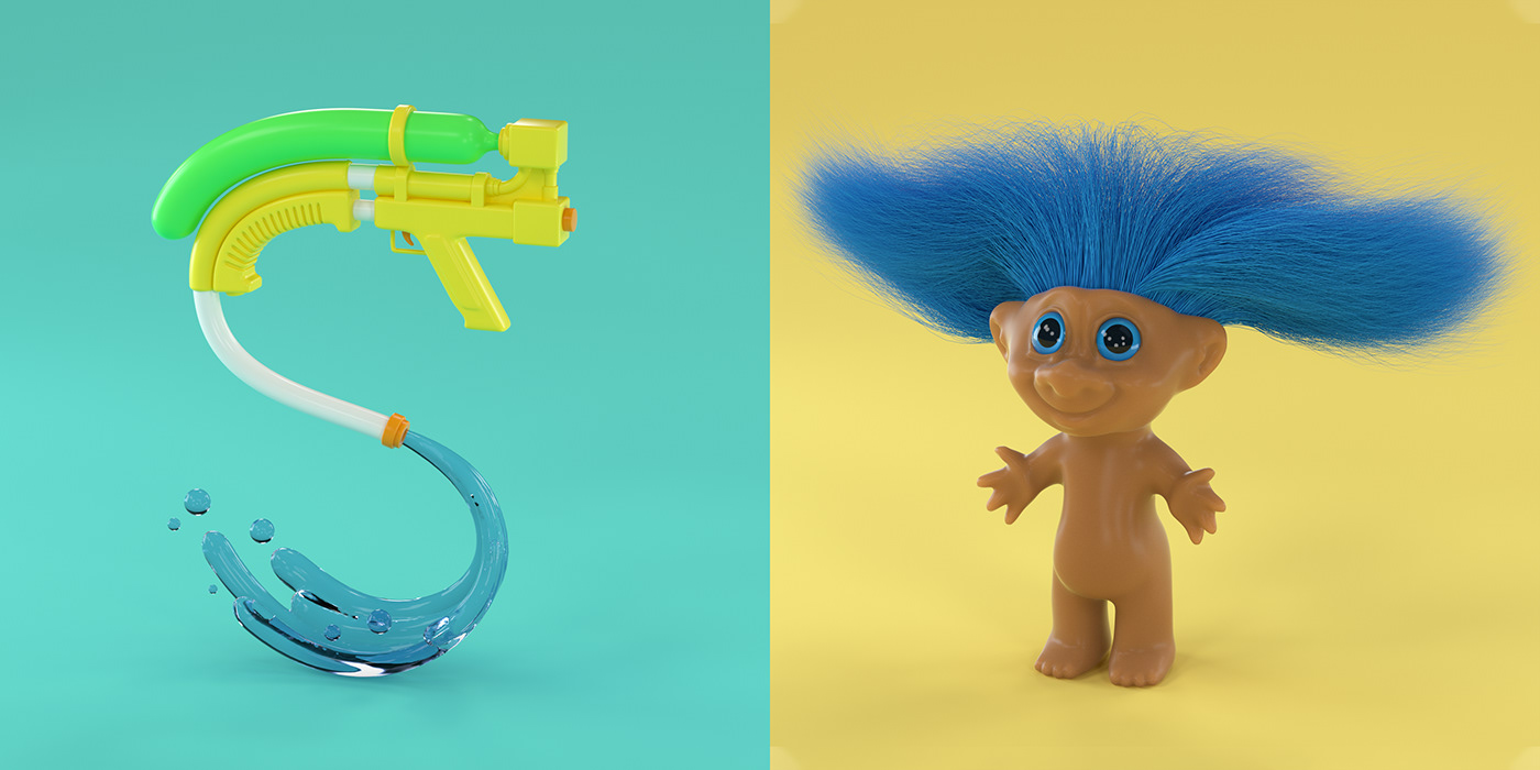 90s Toys Nostalgic Super Soaker and Troll Dolls 3D Letters S and T by Noah Camp