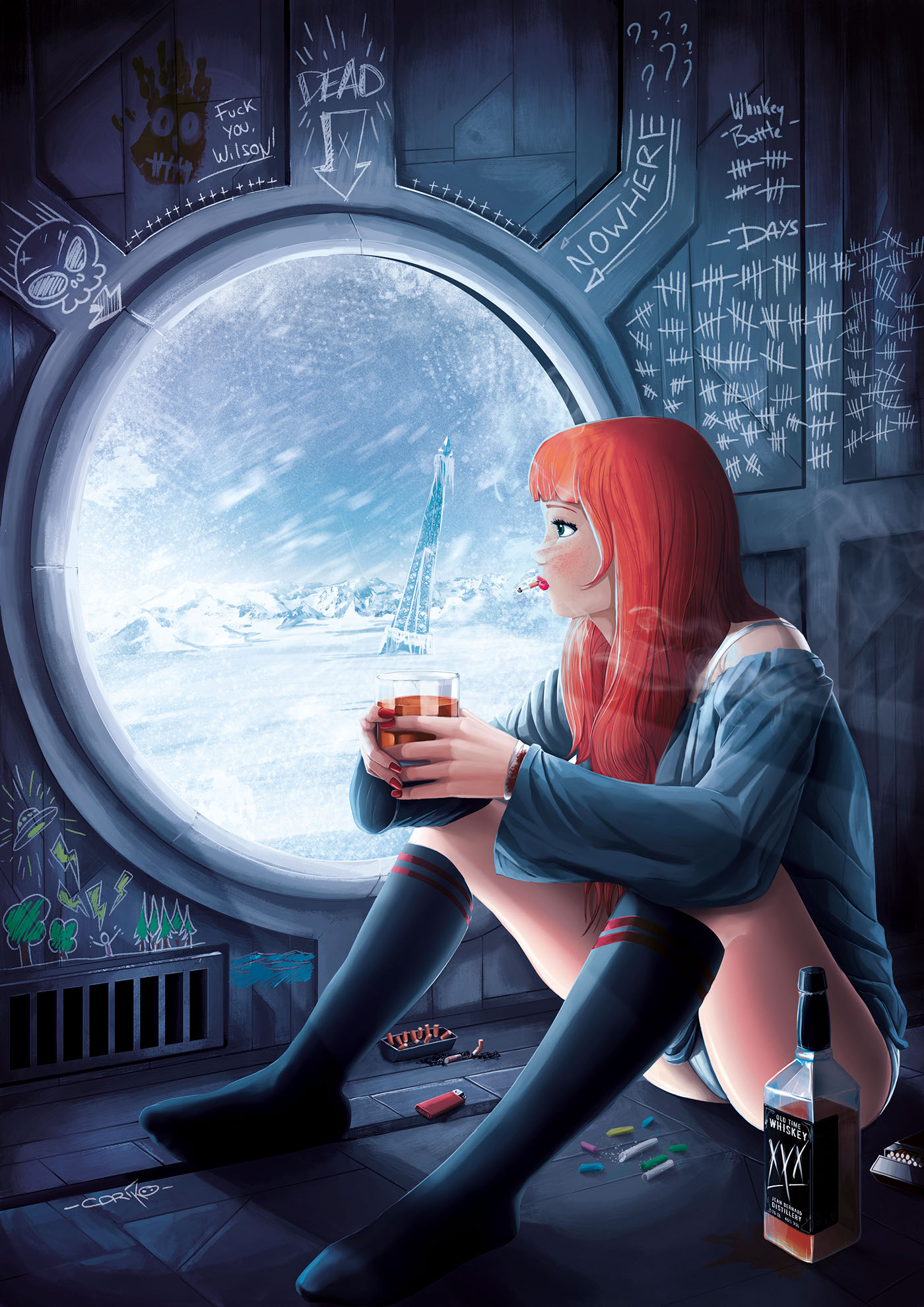 cdriko digital painting draw photoshop painting   ice age Girl alone redhead rouquine apocalypse