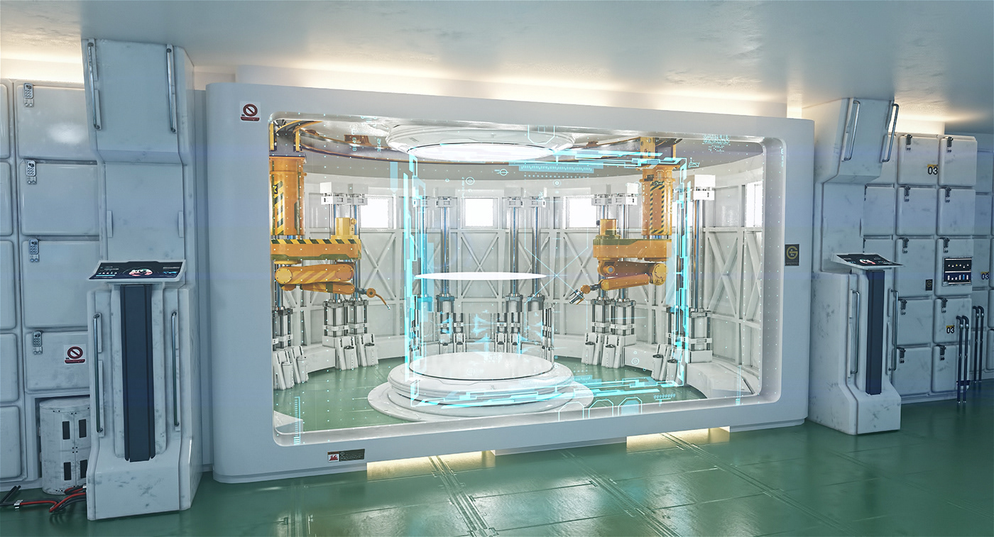 Space  STATION future futuristic CG 3D vray Interior Orbit earth alien holo hologram device