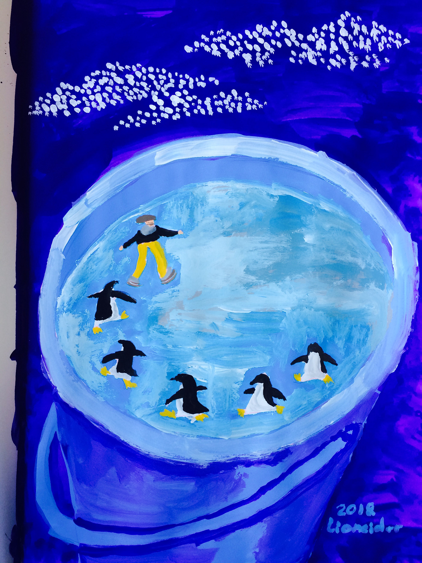 ILLUSTRATION  Drawing  ice bucket Skating penguin cold blue image art colorful Acrylic paint pictures painting   artwork Illustrator