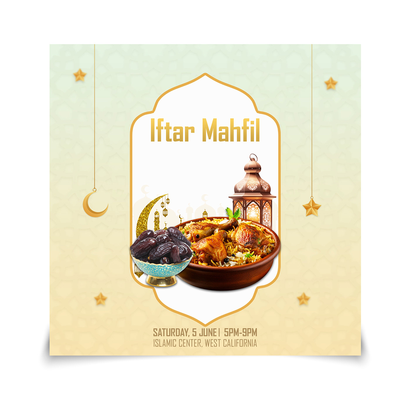 A Ramadan Kareem food Food Social Media Poster Design could feature a close-up photograph of a juicy