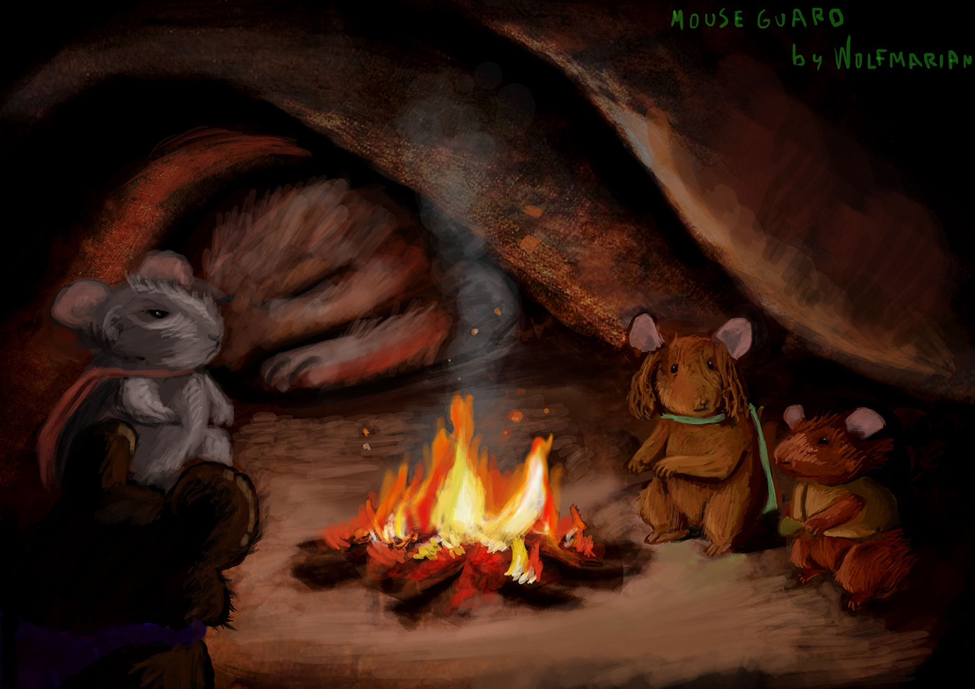 rabbit mouse guard Roleplay scene fireplace warm lights resting ILLUSTRATION 