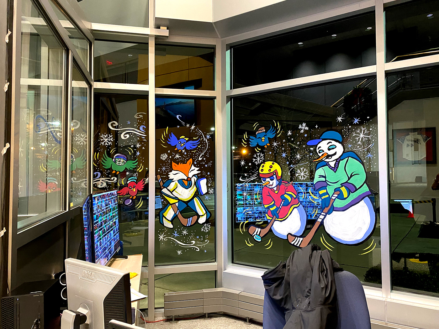 cartoon FOX hockey ice hockey NHL painting   snowman sports window painting Winter Wonderland