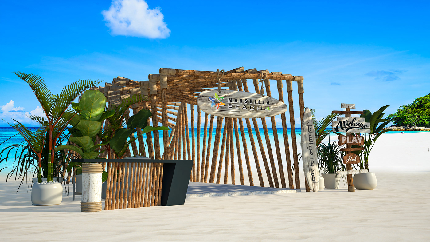 beach summer gate booth Exhibition  boho 3D Render Event wood