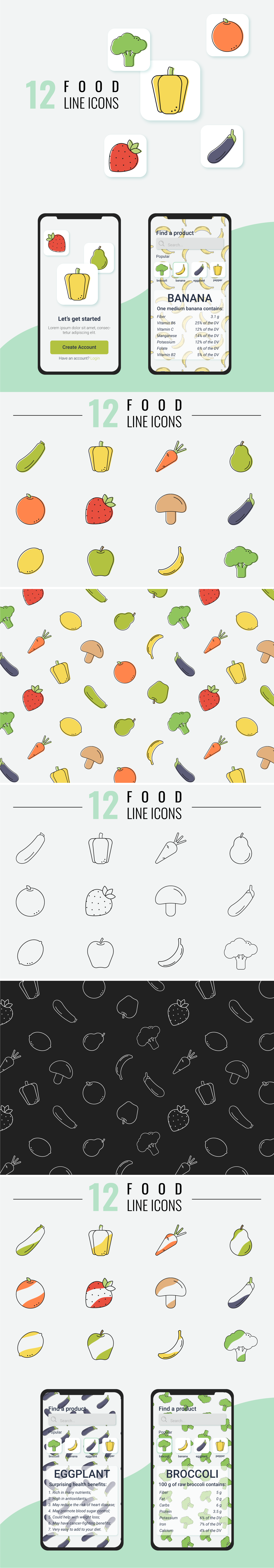 Food  fresh Fruit healthy icons line Mobile app natural organic vegetables