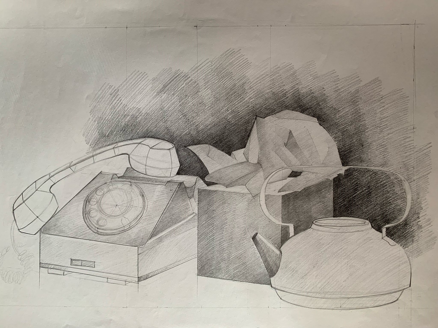 A telephone surrounded by random objects