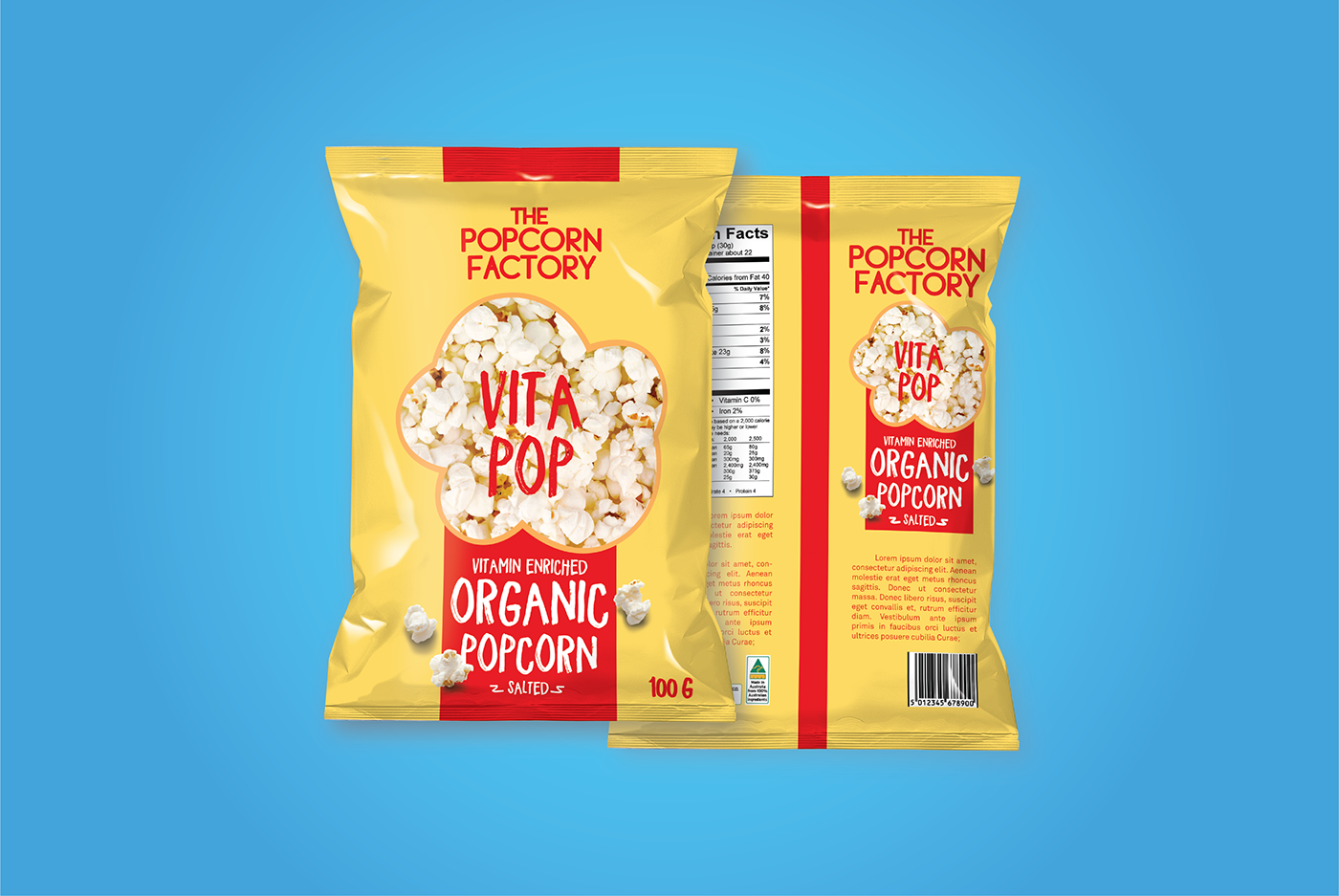 Packaging graphic design  bag snack print design  popcorn design colorful