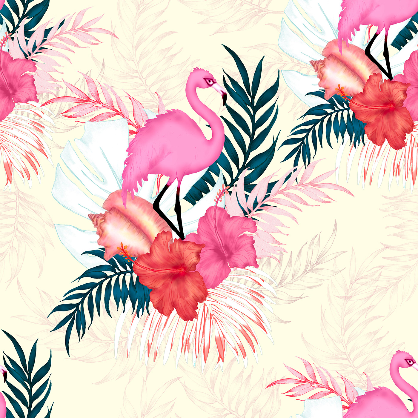 flamingo Palm Tree shell hibiscus Tropical Nature surface design seamless pattern textile design  wallpaper