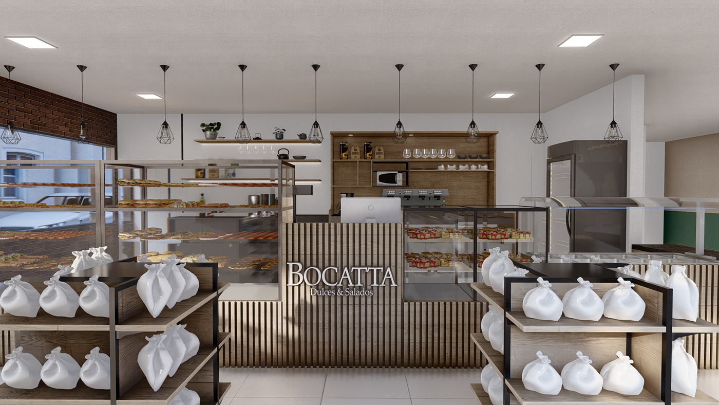 architecture bakery Food  gastronomic interior design  Render restaurant wood