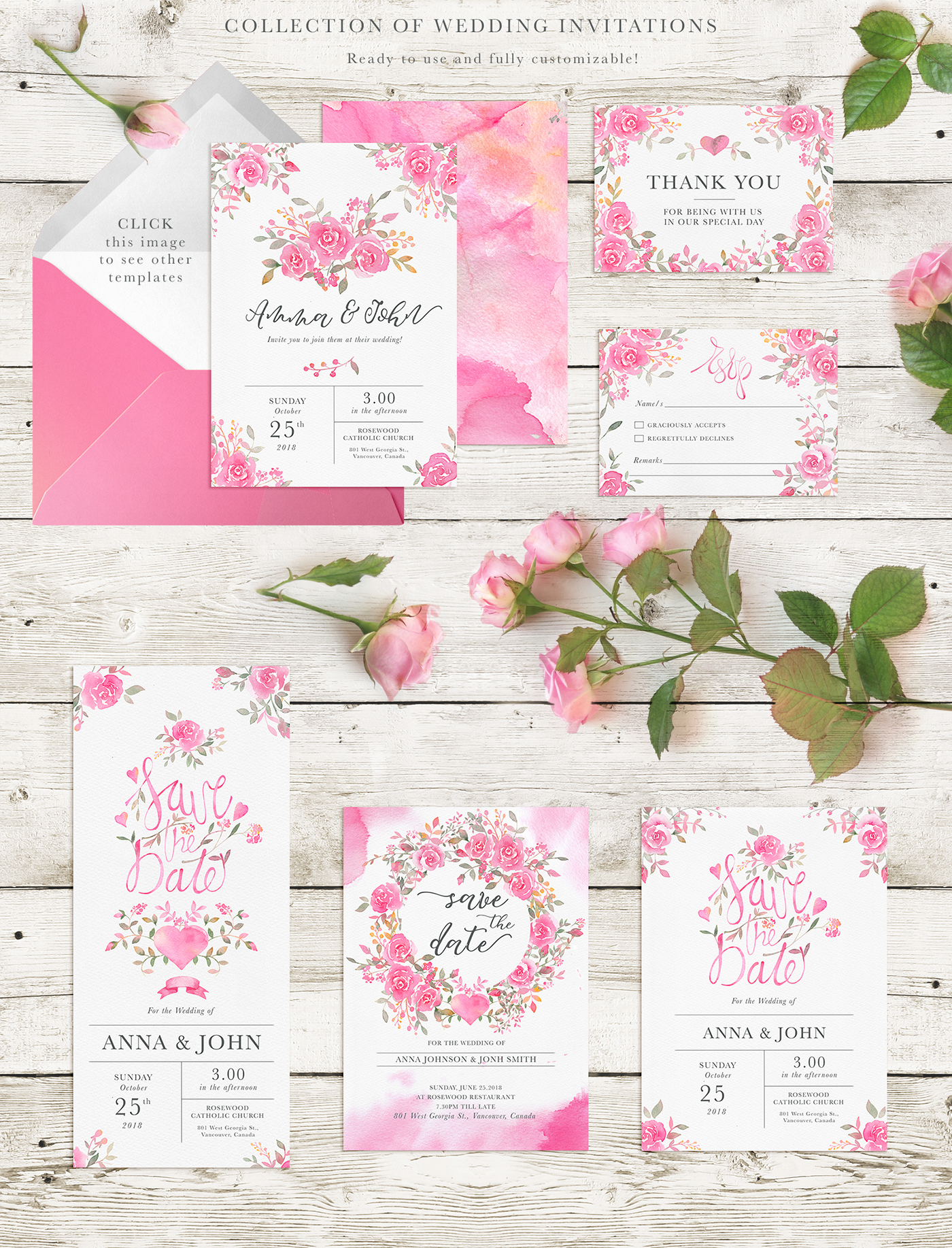 watercolor invitation suite wedding card template wedding invitation pink roses Layout save the date wedding stationery ready to print