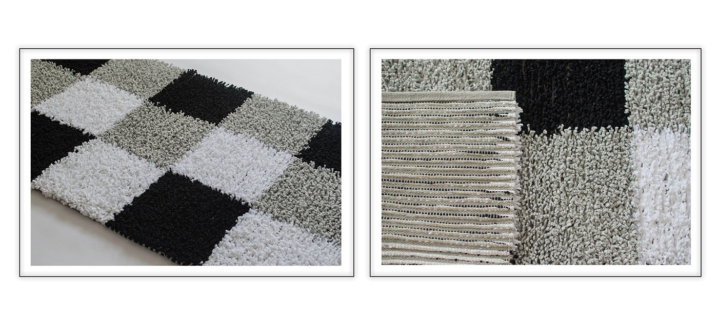waste hand woven Rug Fleece black White grey frame loom Sustainability