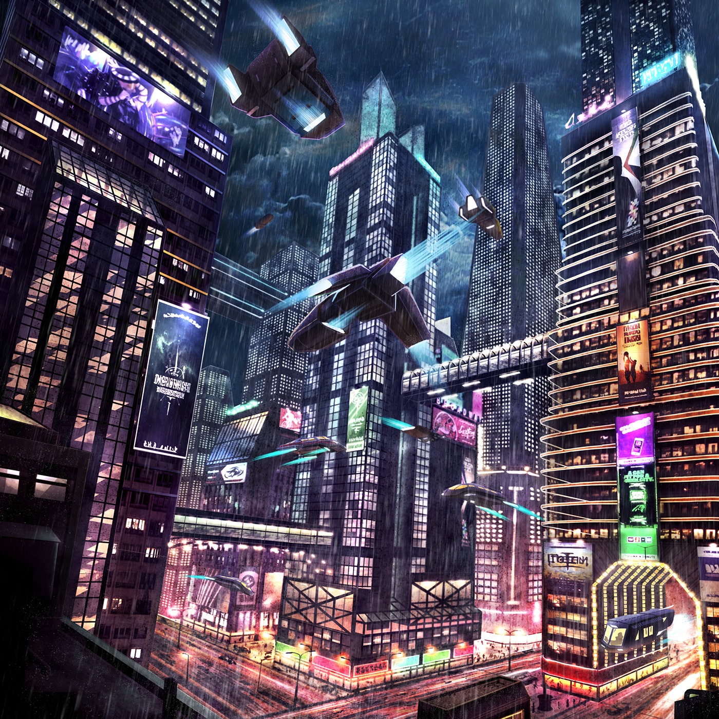 city night future Cyberpunk Bladerunner neon noir maszrum Perspective skyscrapers