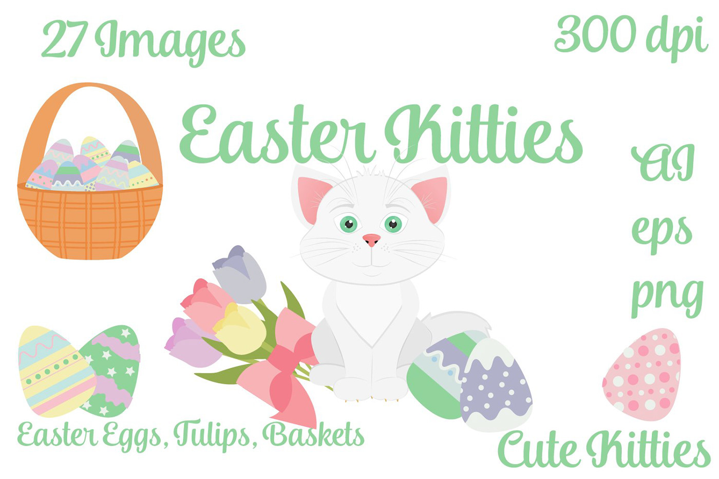 Easter easter eggs tulips spring colorful eggs cute kitty Decorated eggs Easter basket  easter baskets floral clipart