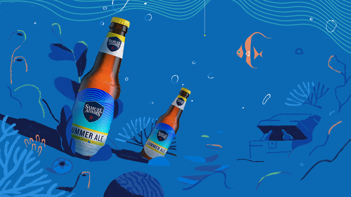 beach beer bottles stylized summer pattern underwater barbeque motion fireworks