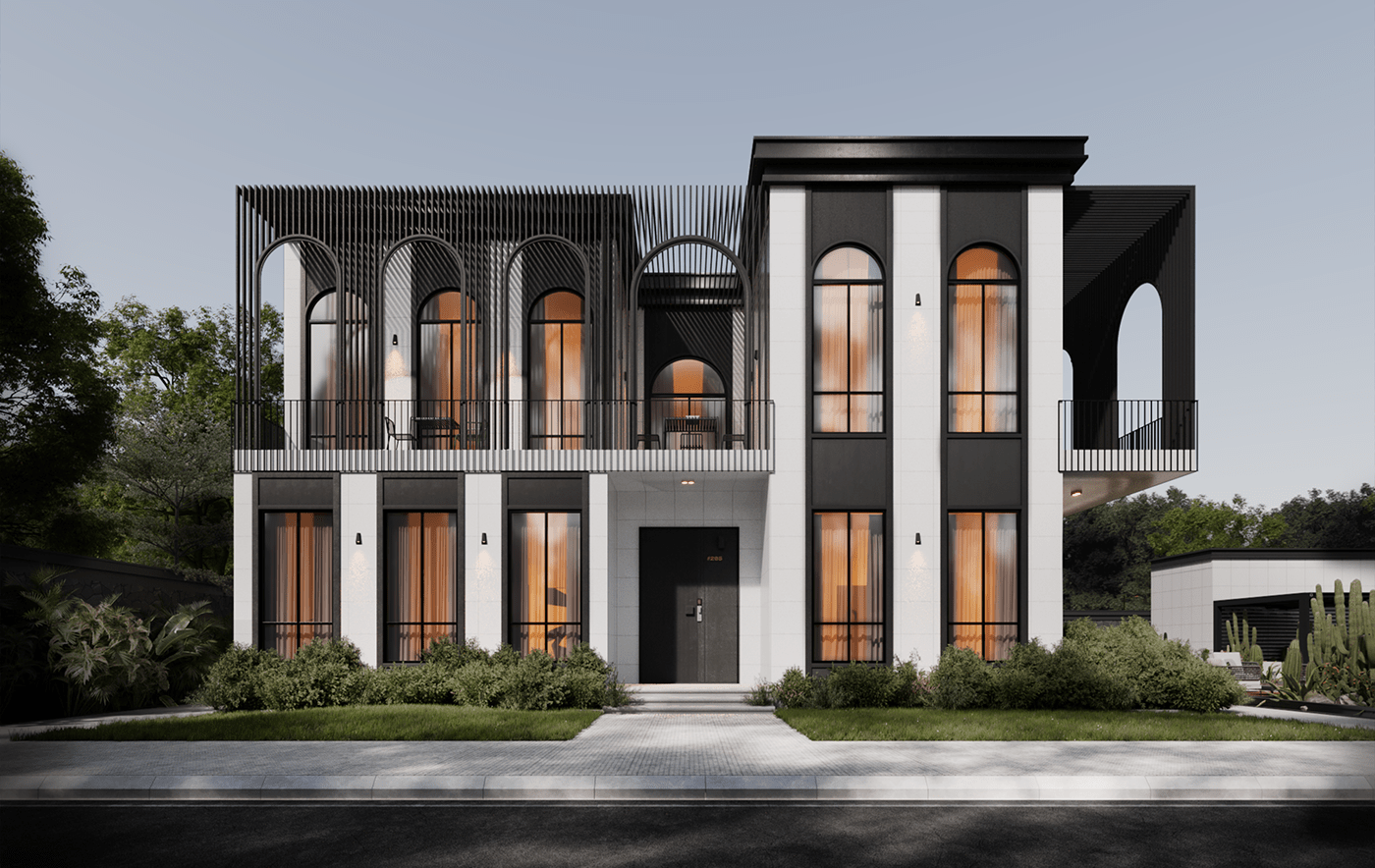 3D architecture black and white design emirates exterior facade modern shading Villa