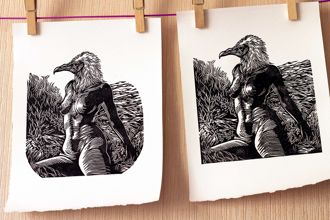 art bird woman linocut linogravure print Printing Printmaker vulture