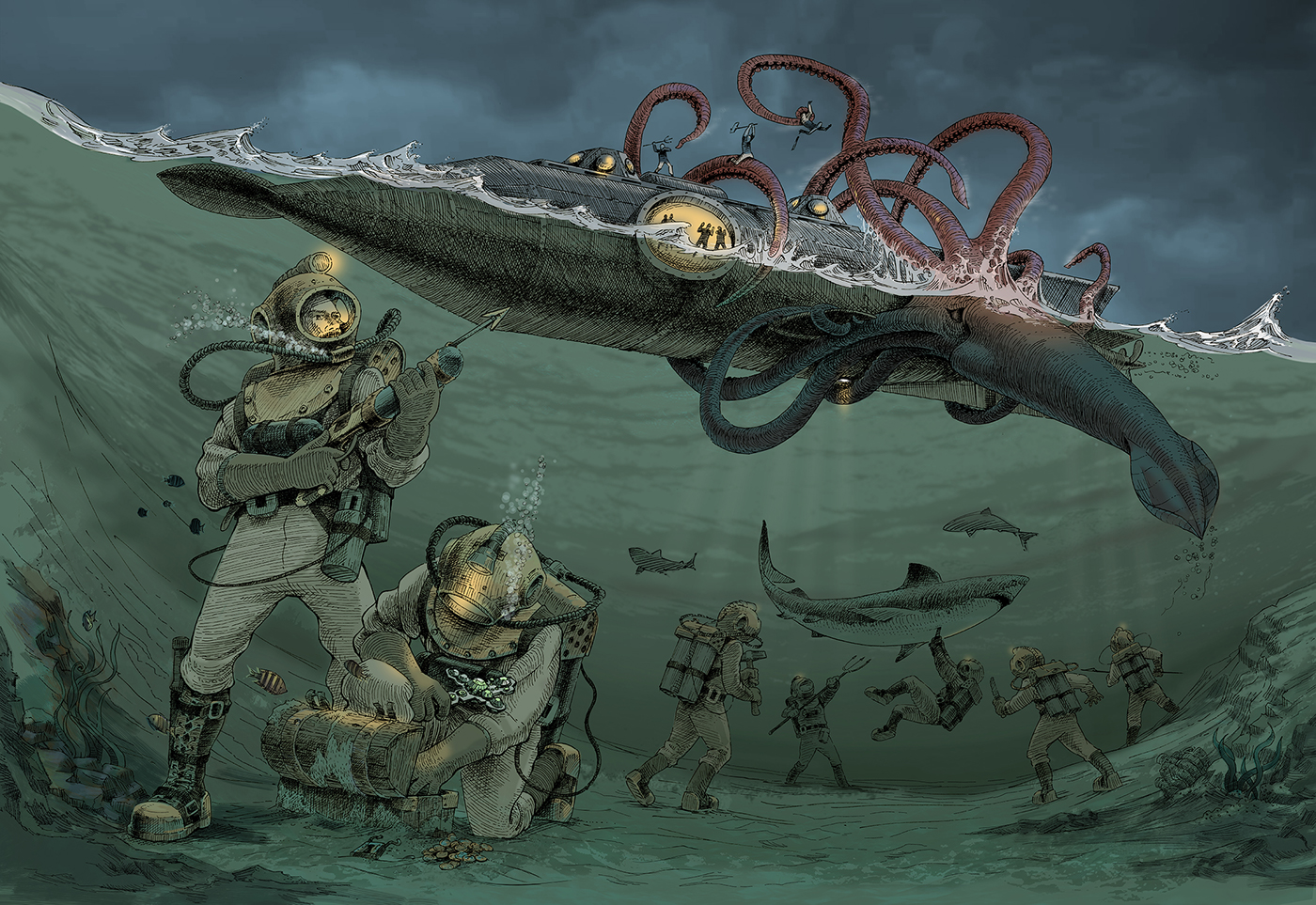 nautilus jules verne kraken giant squid calamar gigante