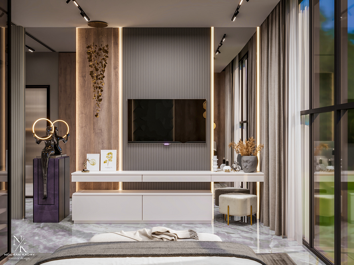 modern villa design brown gray 3ds max corona Render visualization dark guestroom