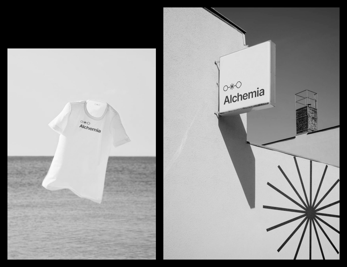 Black and White Mockups of Alchemia Brand Mark - Tshirt floating and Sign Mockup