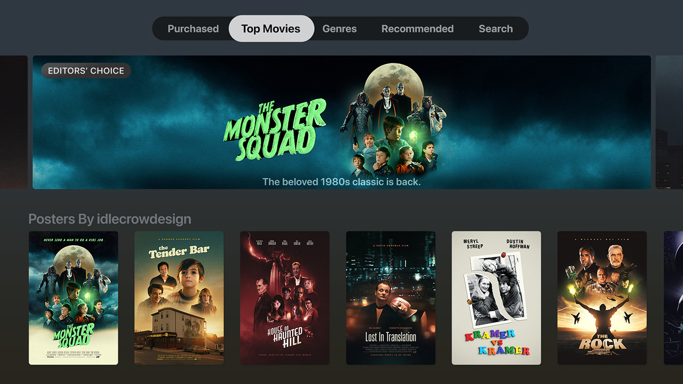 AppleTV UI mockup for film and movie poster designs, mainly The Monster Squad.