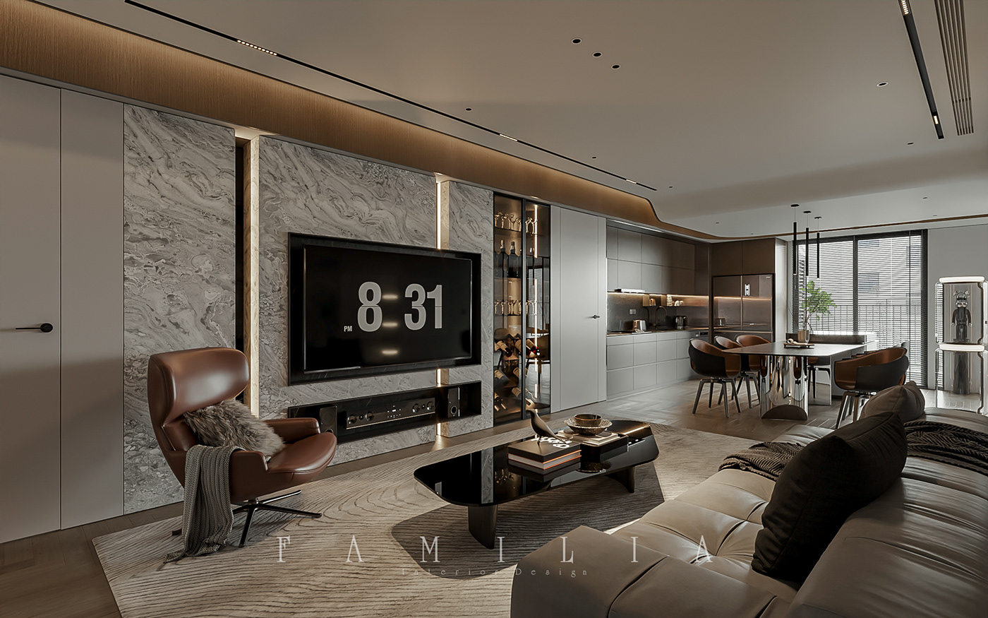 architecture visualization modern minimalist studio living room kitchen bedroom
