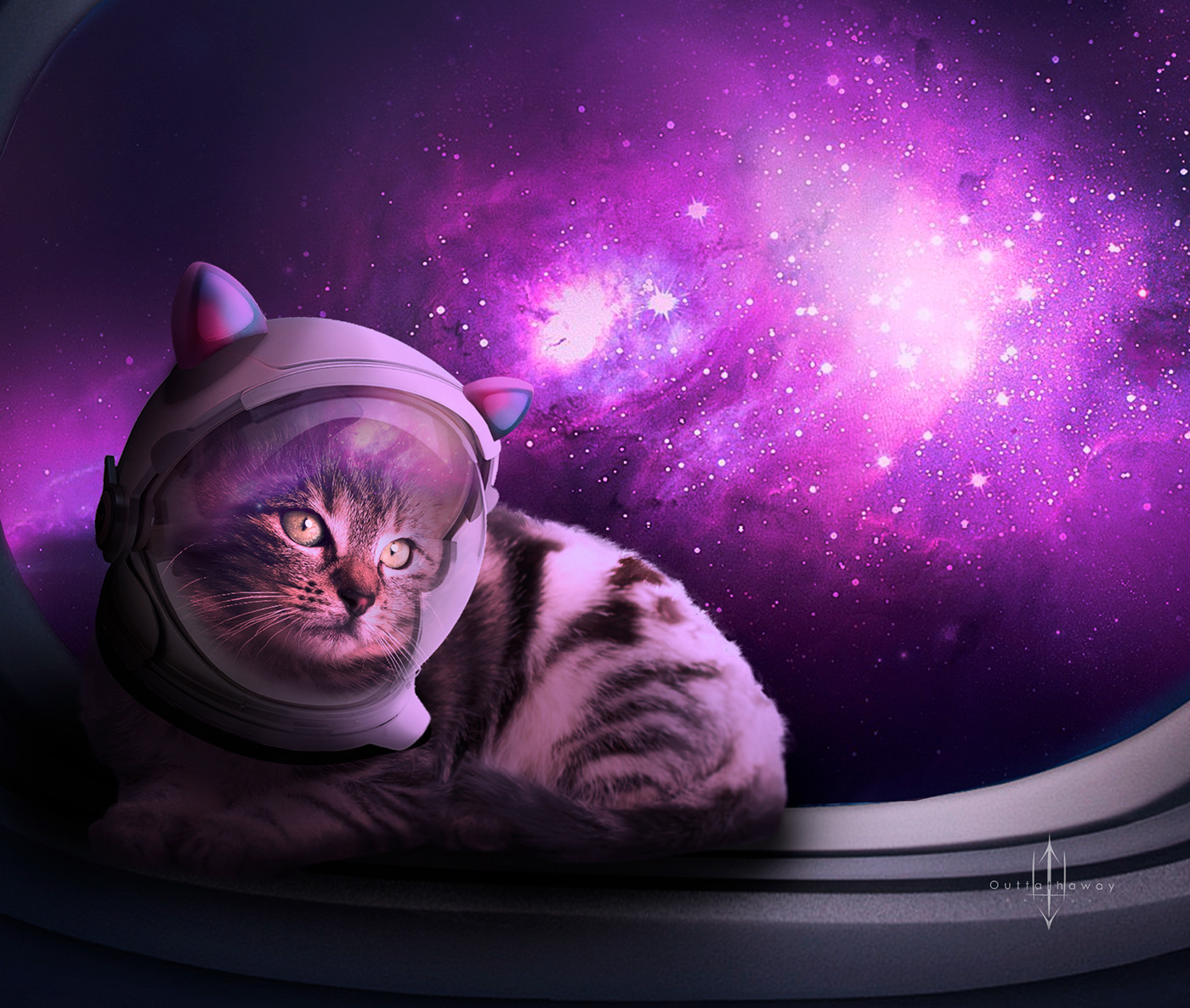 artwork astronaut Cat dark galaxy night Space  stars surreal universe