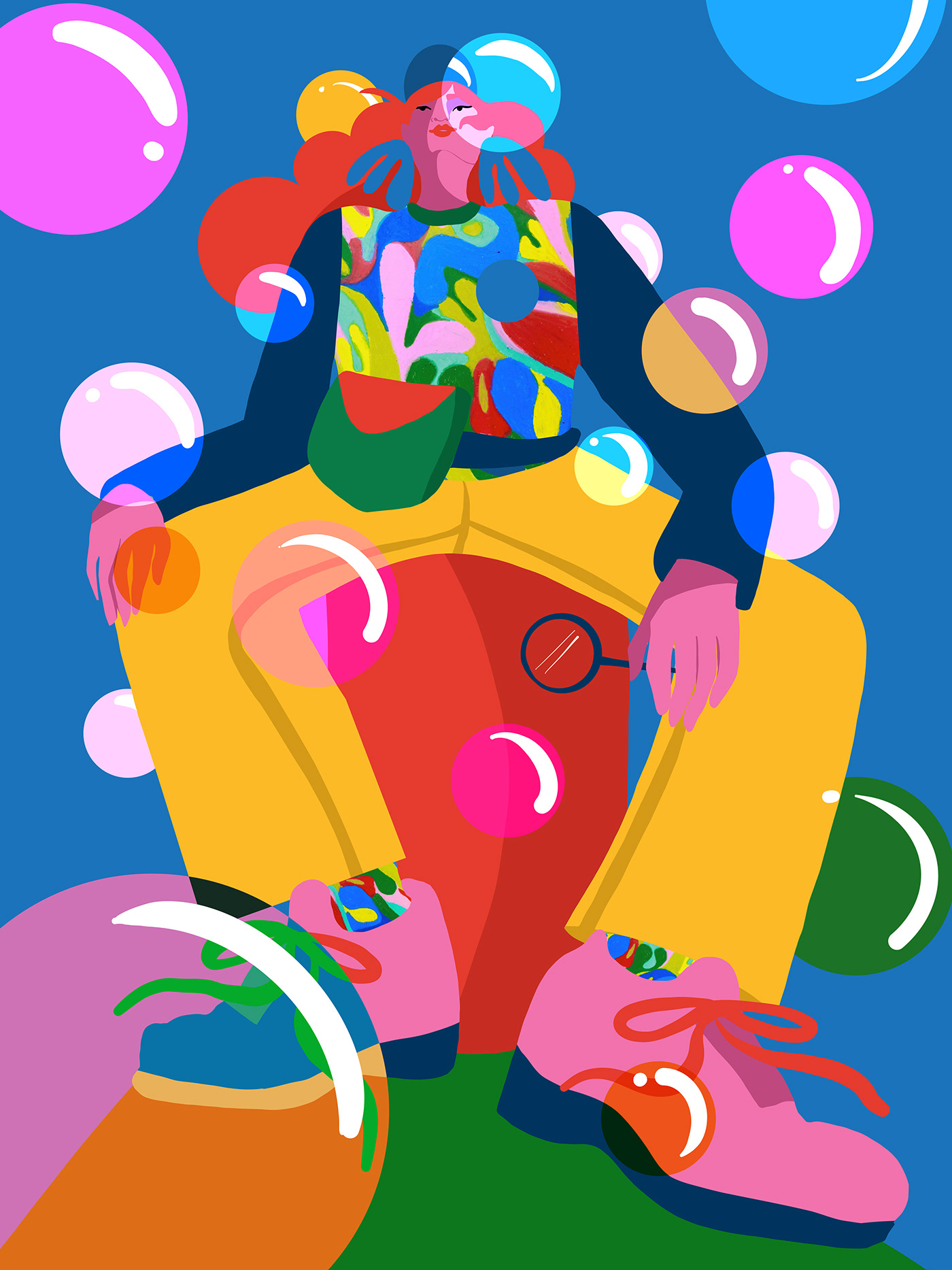 woman with long red hair and a colorful outfit sits on a chair surrounded by bubbles