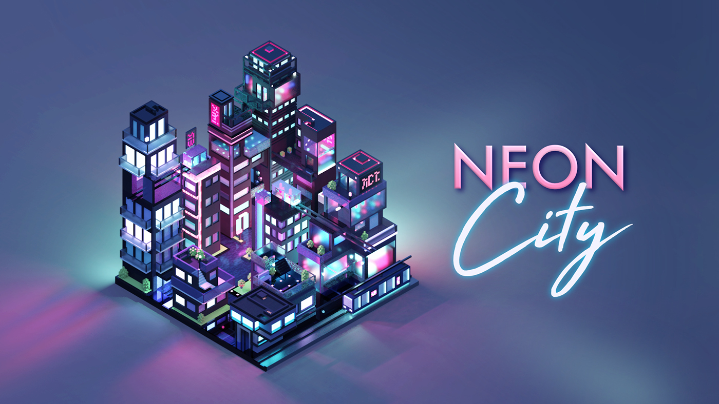 3D voxel Magicavoxel modeling rendering neon lights city night Isometric