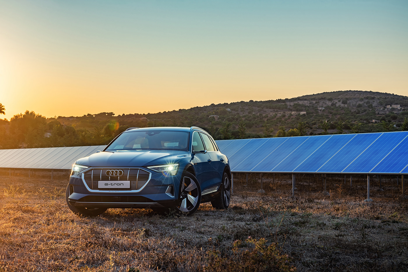 Audi e-tron sunset shot by Dean Wright Photography in Solar Farm. More on deanwrightautomotive.com