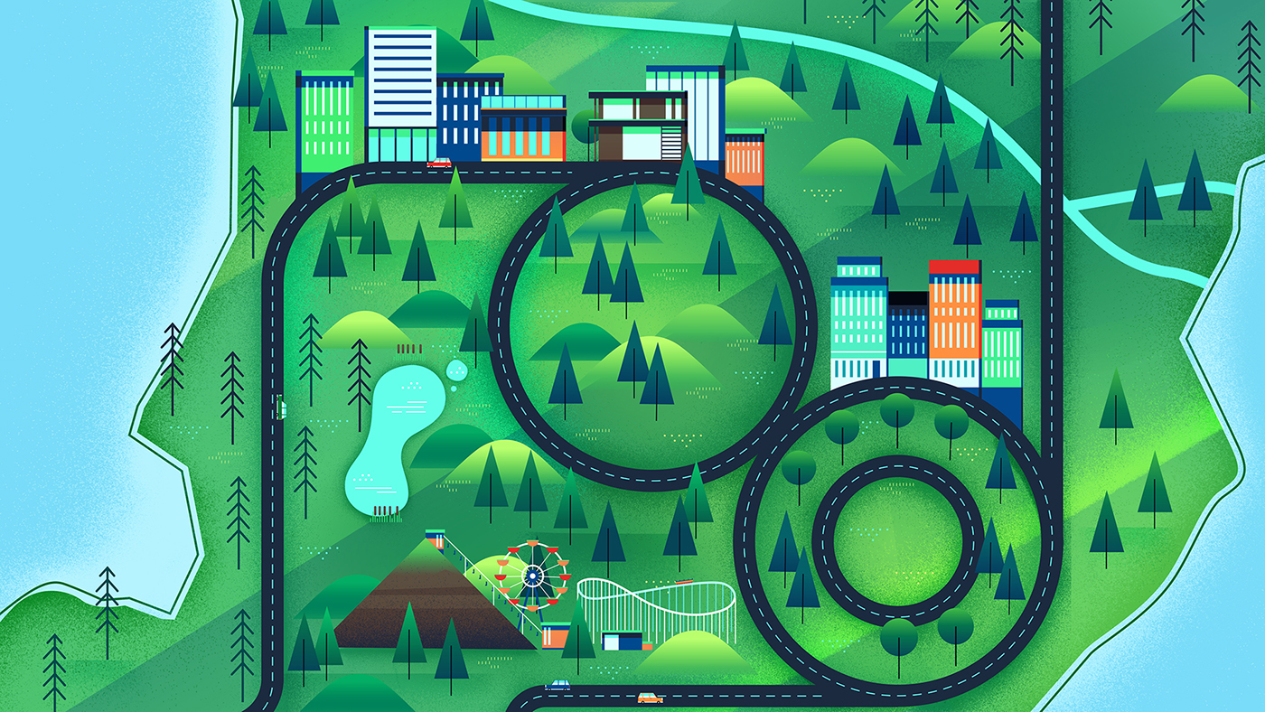 background landcape explainer animation  town city people design styleframe Character