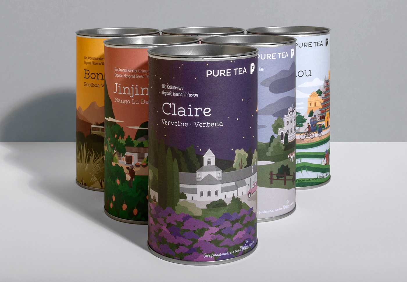 Packaging Illustrative vector graphics Travel tea organic Landscape detailed colorful