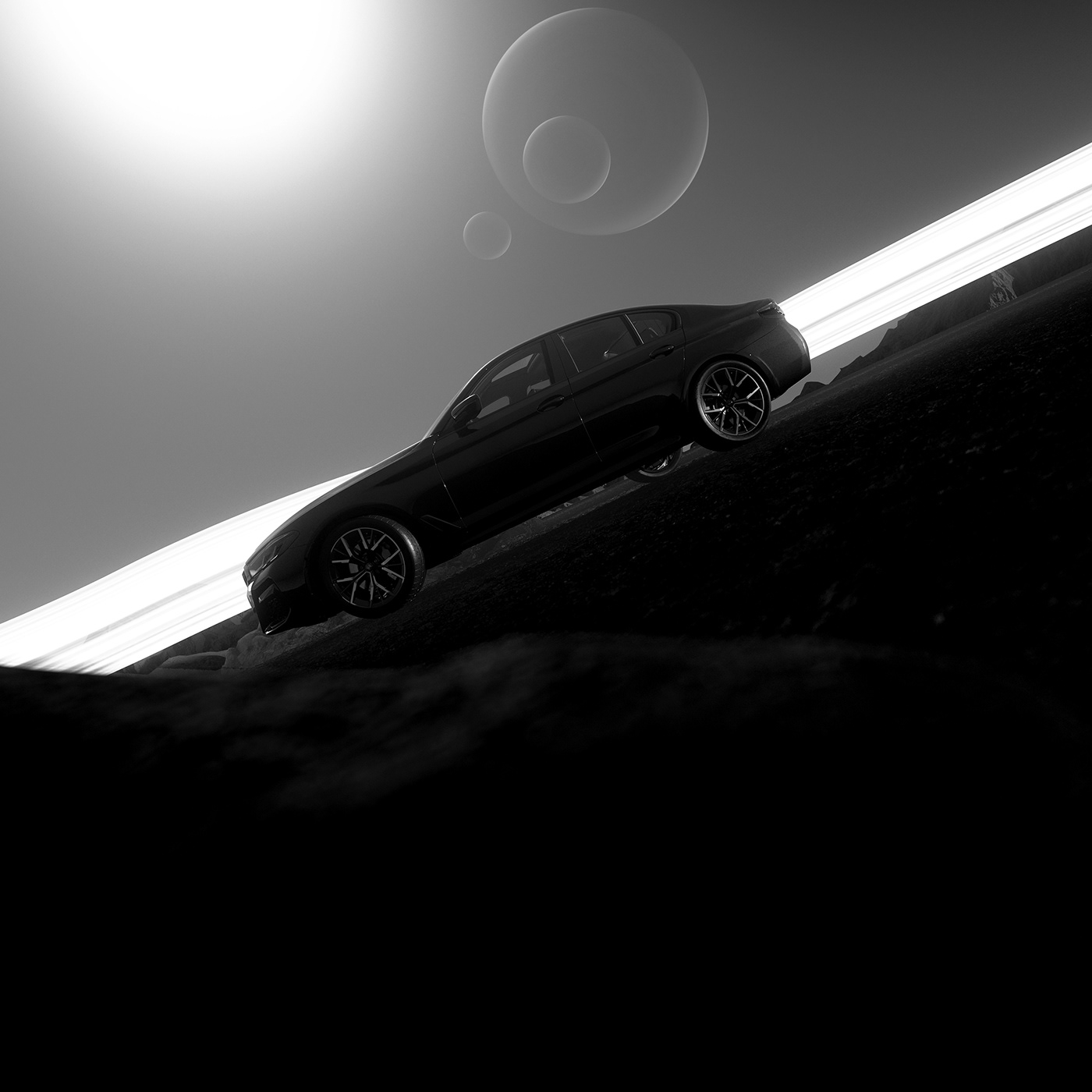 3D 5series Advertising  black BMW car CGI environment marketing   moon