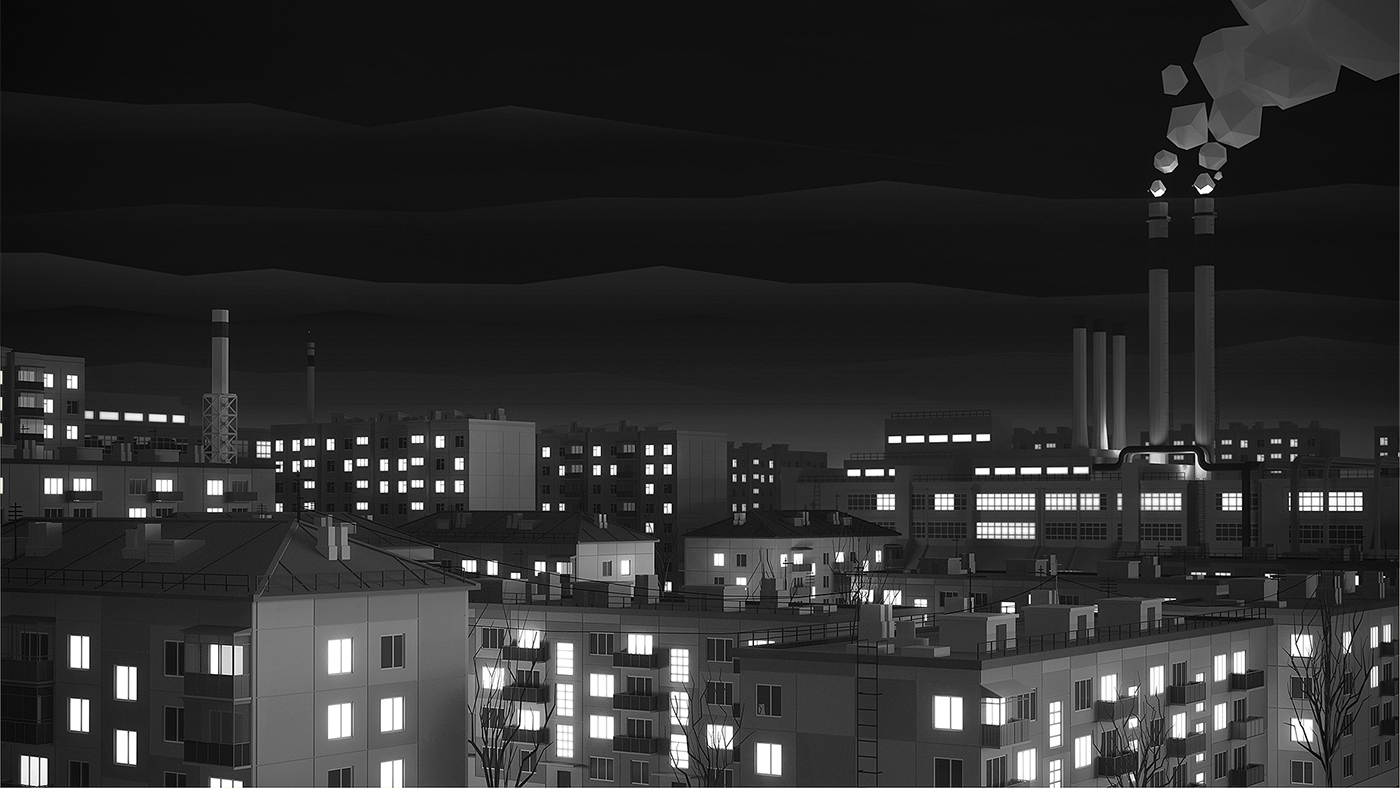 lowpoly 3D city Russia night Ecology mist