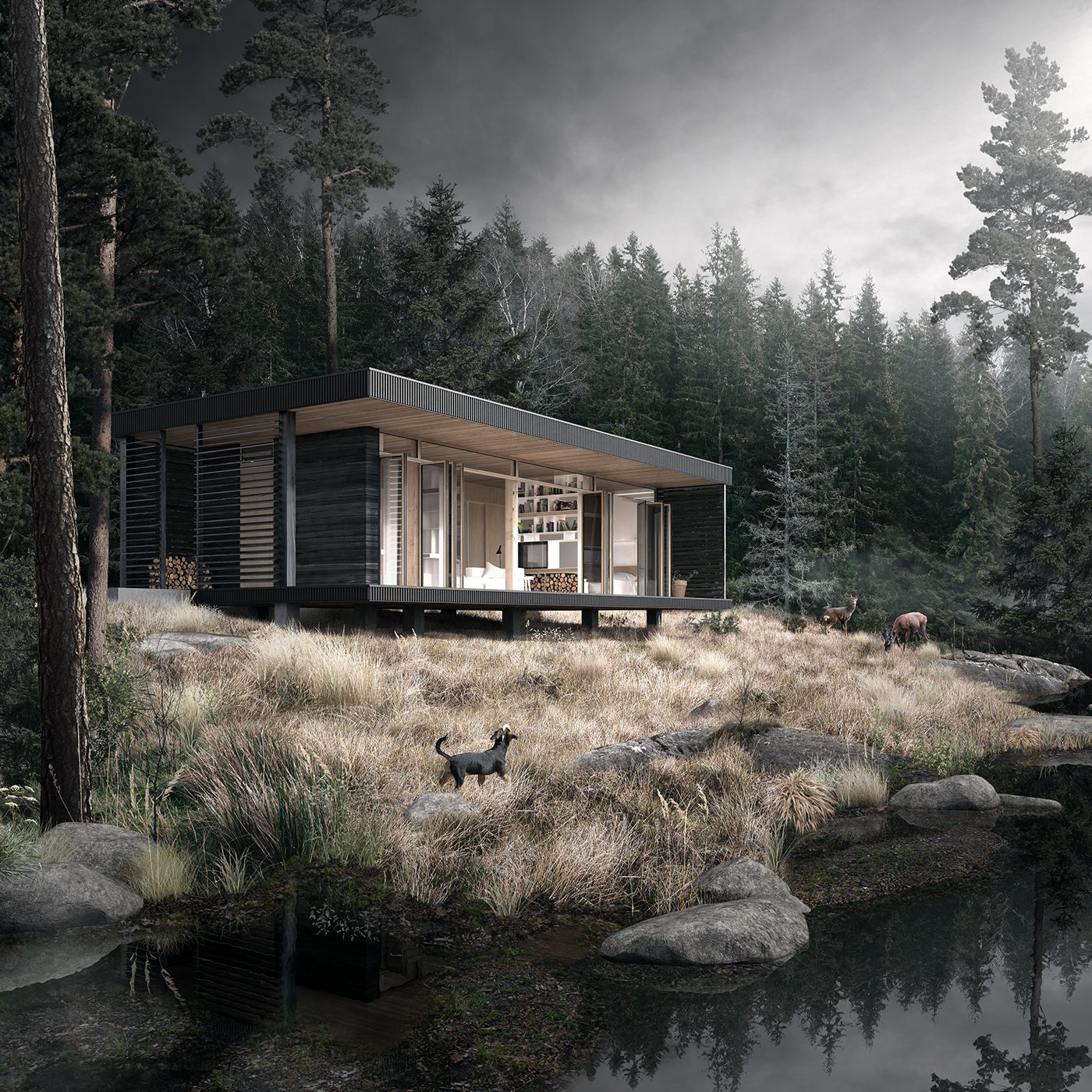 architecture cabin house lake wood woods forest Nature winter