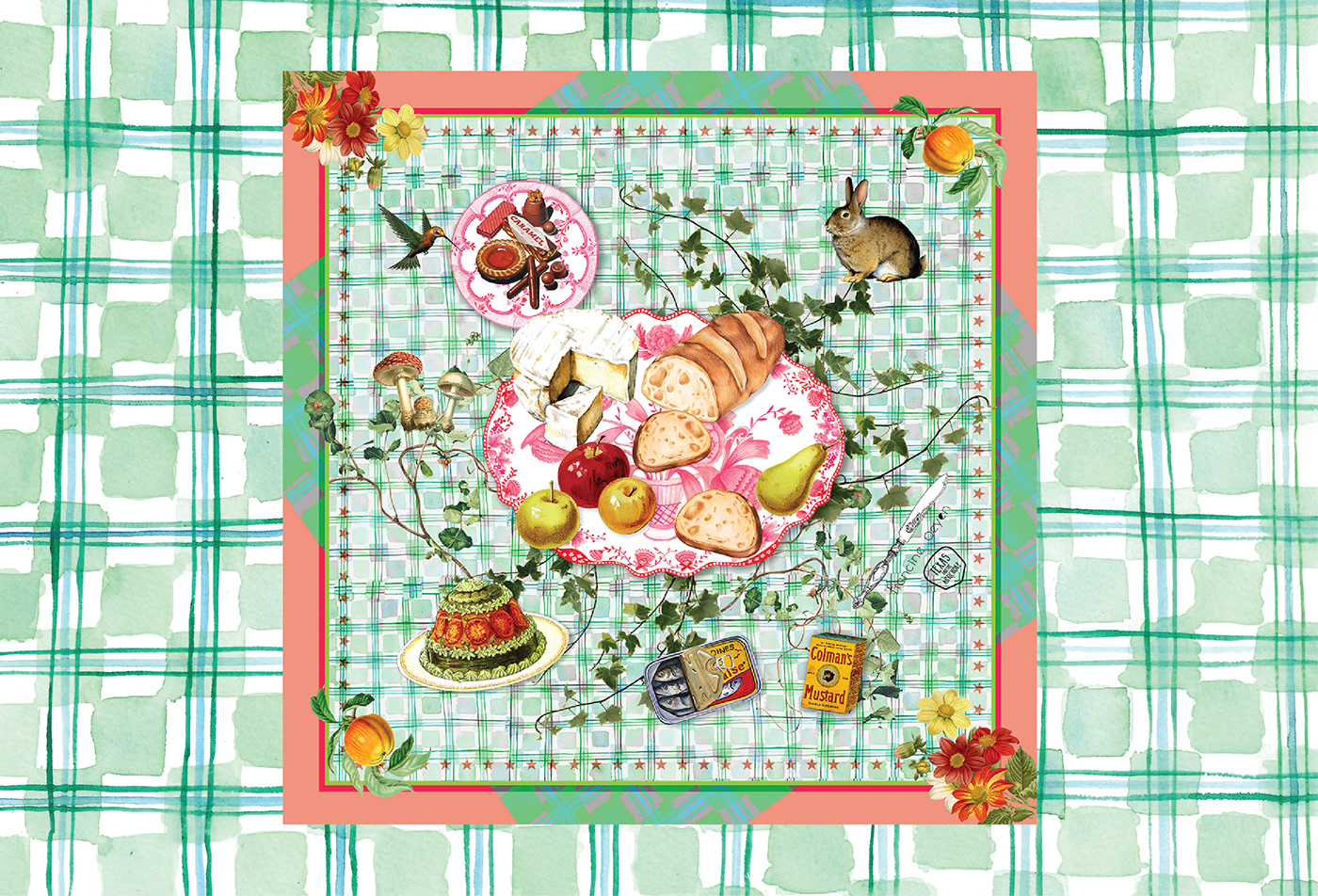picnic watercolor collage collage art scarf scarf design fish rabbit Picnic Table Scarf Illustration