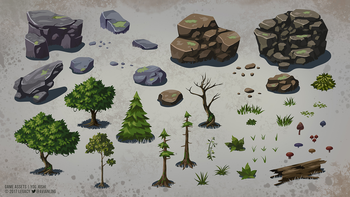 game asset Video Game Art environment art Landscape background art fantasy Isometric Nature trees rocks