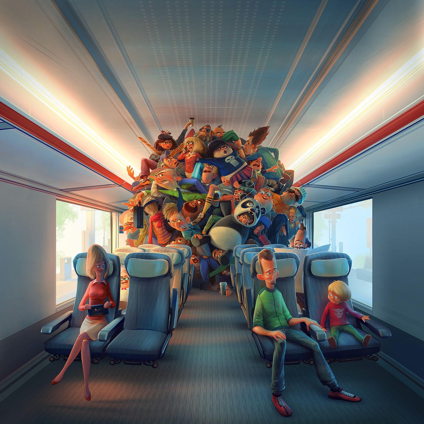 tangle jam train Transport Railways print Outdoor psa characters crowded Interior exterior public transport central perspective ball