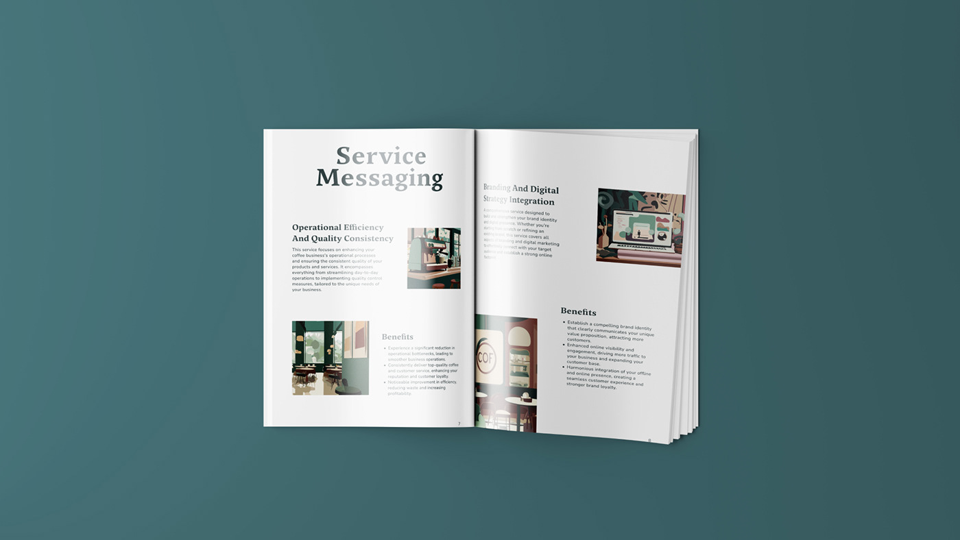 A mockup of a Brand Message Playbook open on the pages about Service Messaging