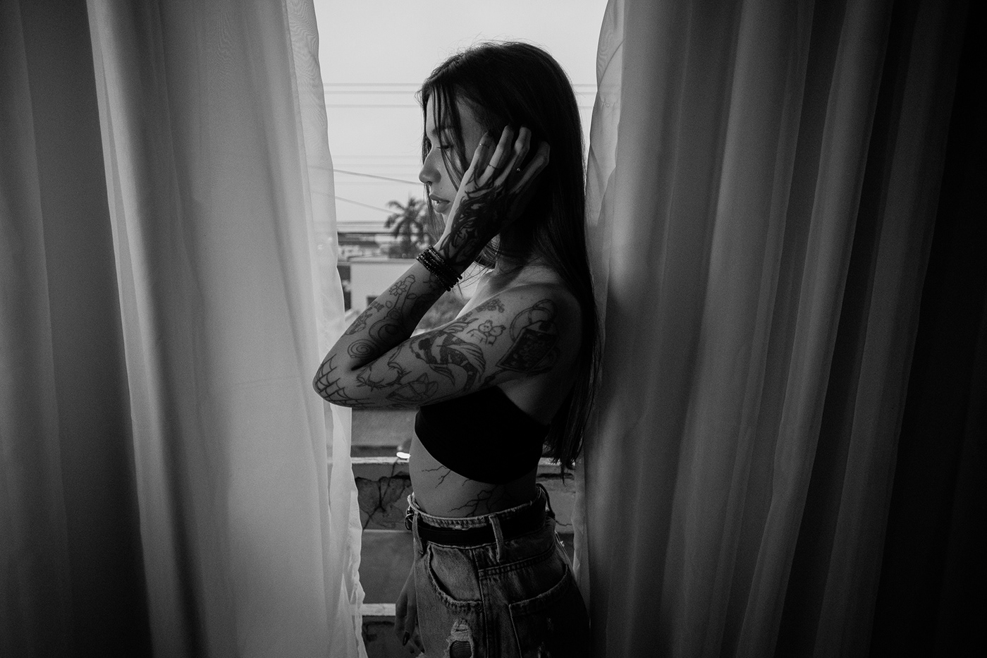 art Photography  black and white tattoo woman portrait photography Melancholy portrait athome