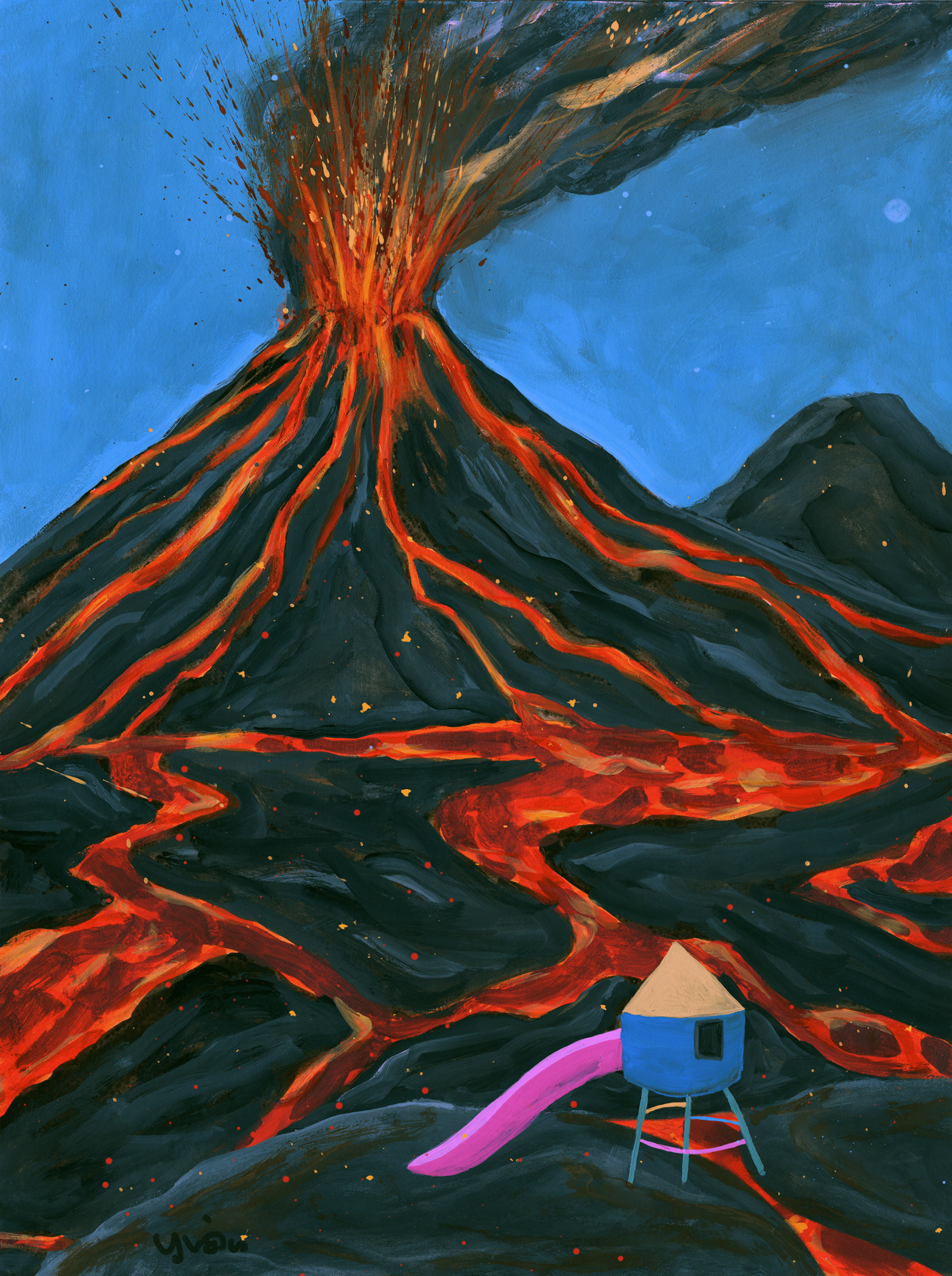 cyan erupting volcano imaginary landscape lava magenta nocturnal Playground slide yuan rong zhang Moody