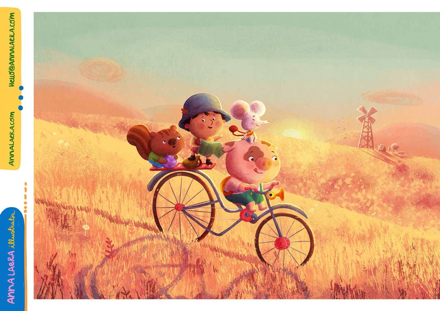 Mouse, pig, squirrel and a kid on a bike
