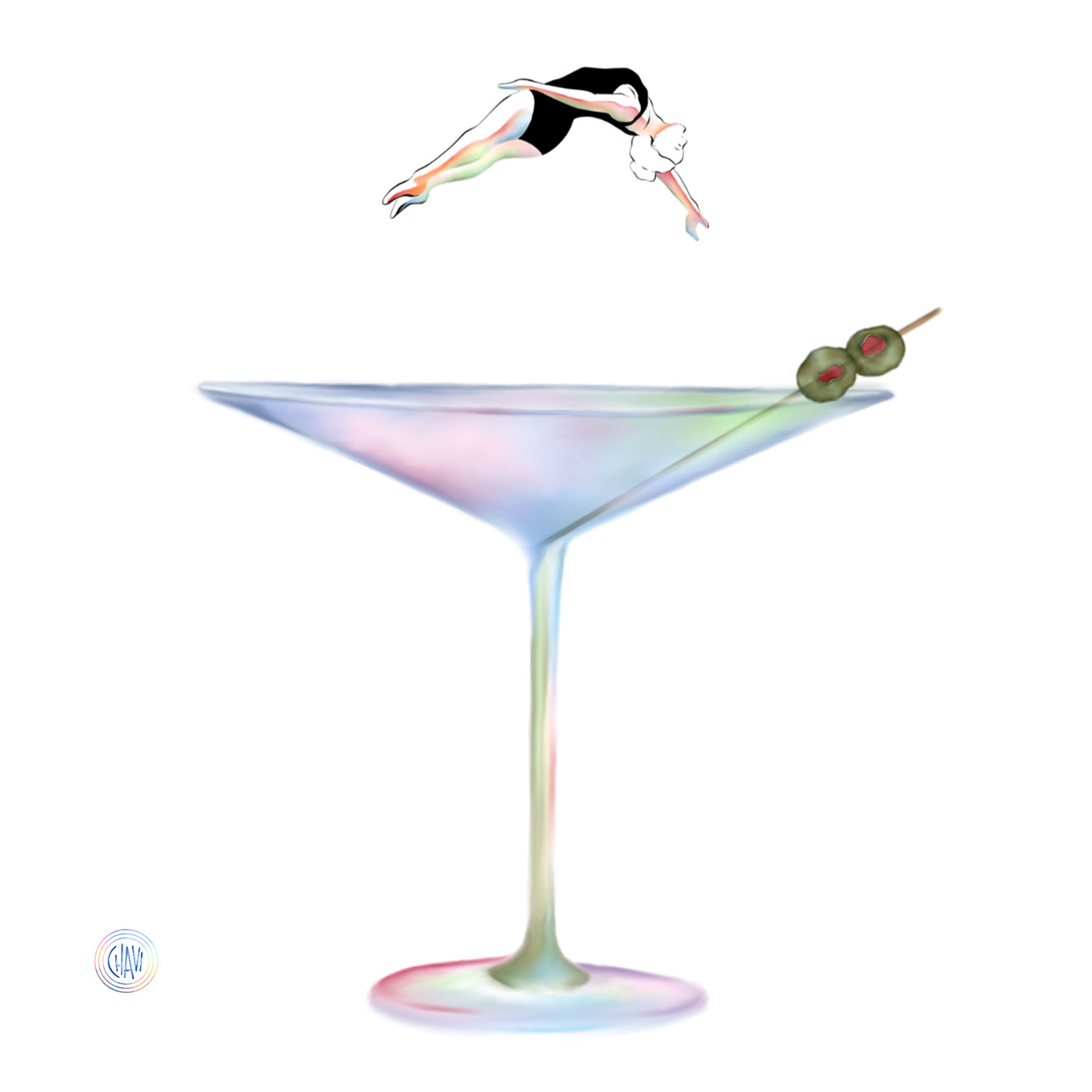 diver swimmer female bathing suit glass colorful Martini olives