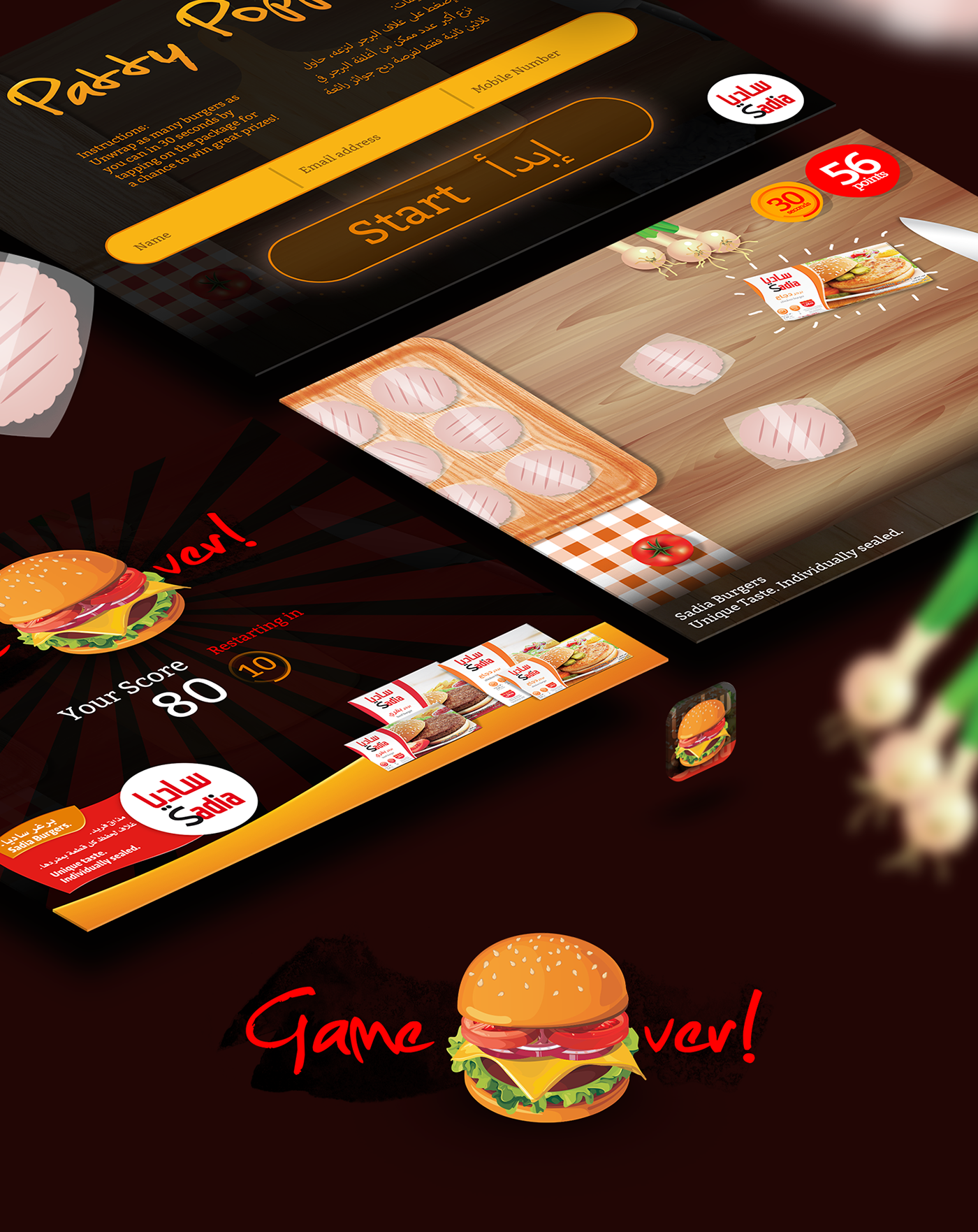 Patties chickewn beef Burgers game UI ux instore activation